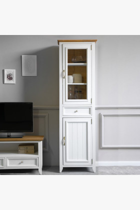 weiße Holzvitrine einflügelig mit Glas und Schublade